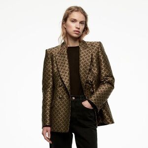 Zara Geometric Pattern Blazer in Brown and Cream